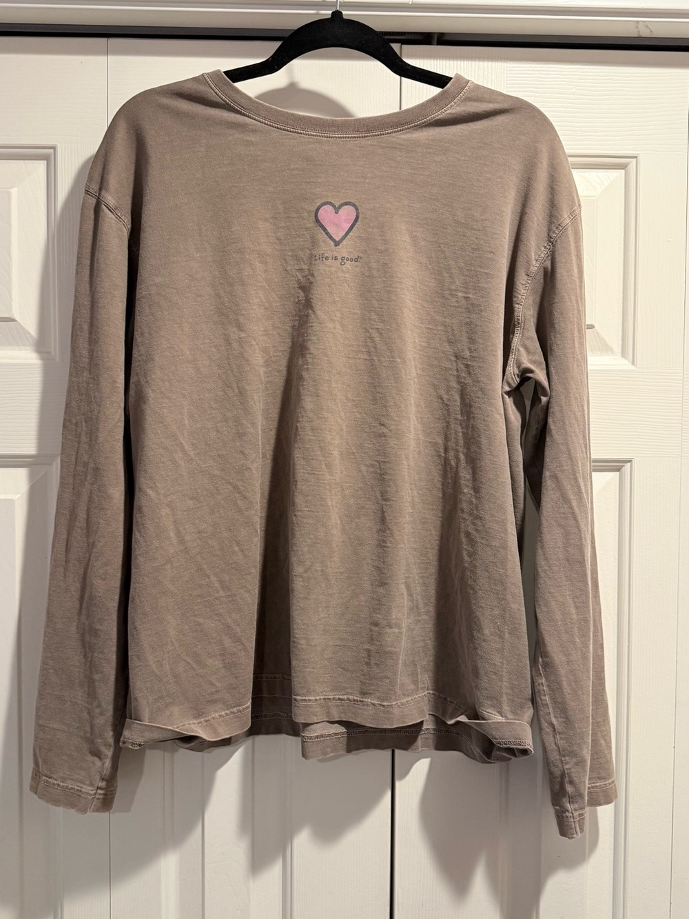 Life Is Good Taupe Long-Sleeve Tee with Pink Heart. #0089